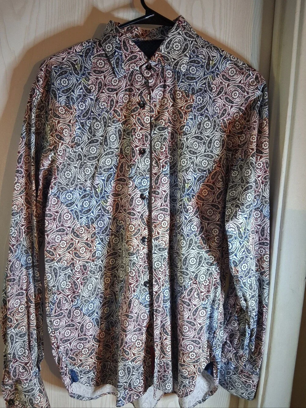 Visconti Black Embroidered Logo Button-Up Shirt - Blue with Multicolor Paisley